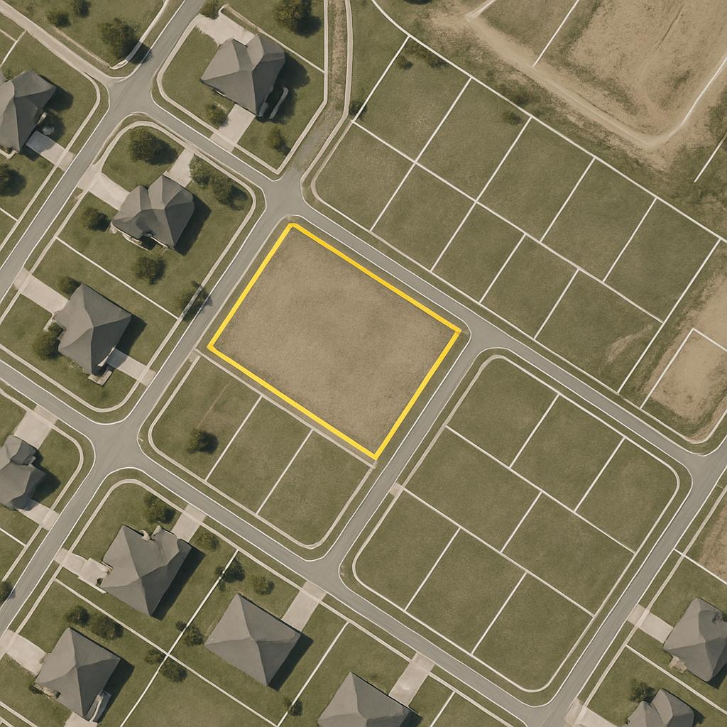 Aerial view of a suburban development with a vacant, rectangular lot outlined in yellow, amidst rows of houses or vacant l...